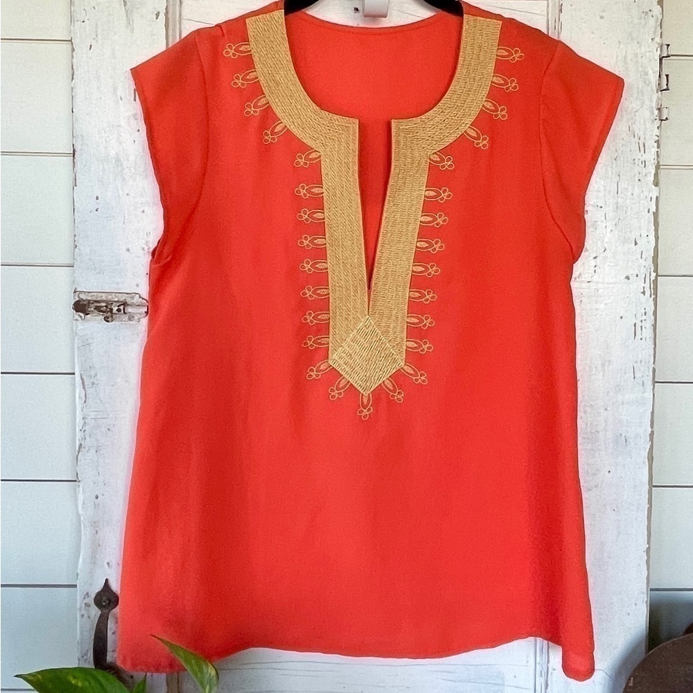 BEIDES, NWOT,ORANGE, REGULAR FIT, BOHO,WOMENS TOP WITH EMBROIDERED,V-NECK.SIZE S - Picture 3 of 7